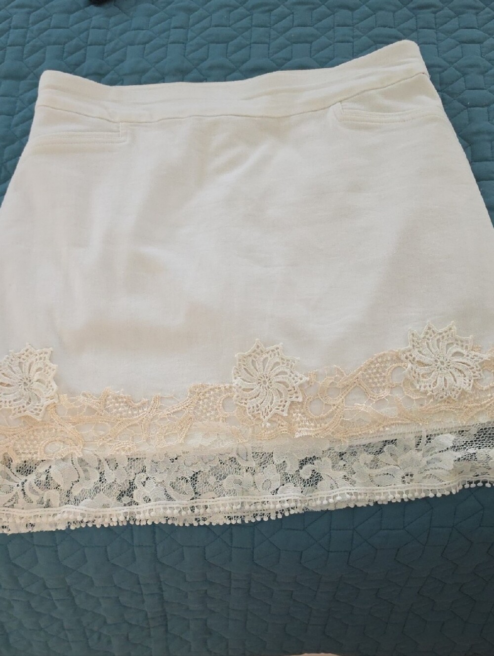 Croft & Barrow White Mini Skirt with Cream Lace Trim Upcycled